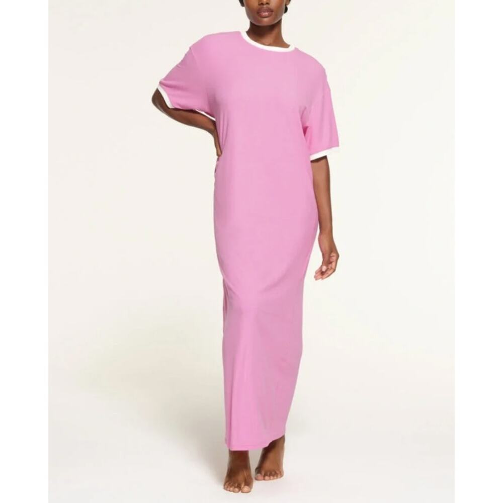 SKIMS Soft Lounge Ringer T-Shirt Maxi Dress Pink White Size L